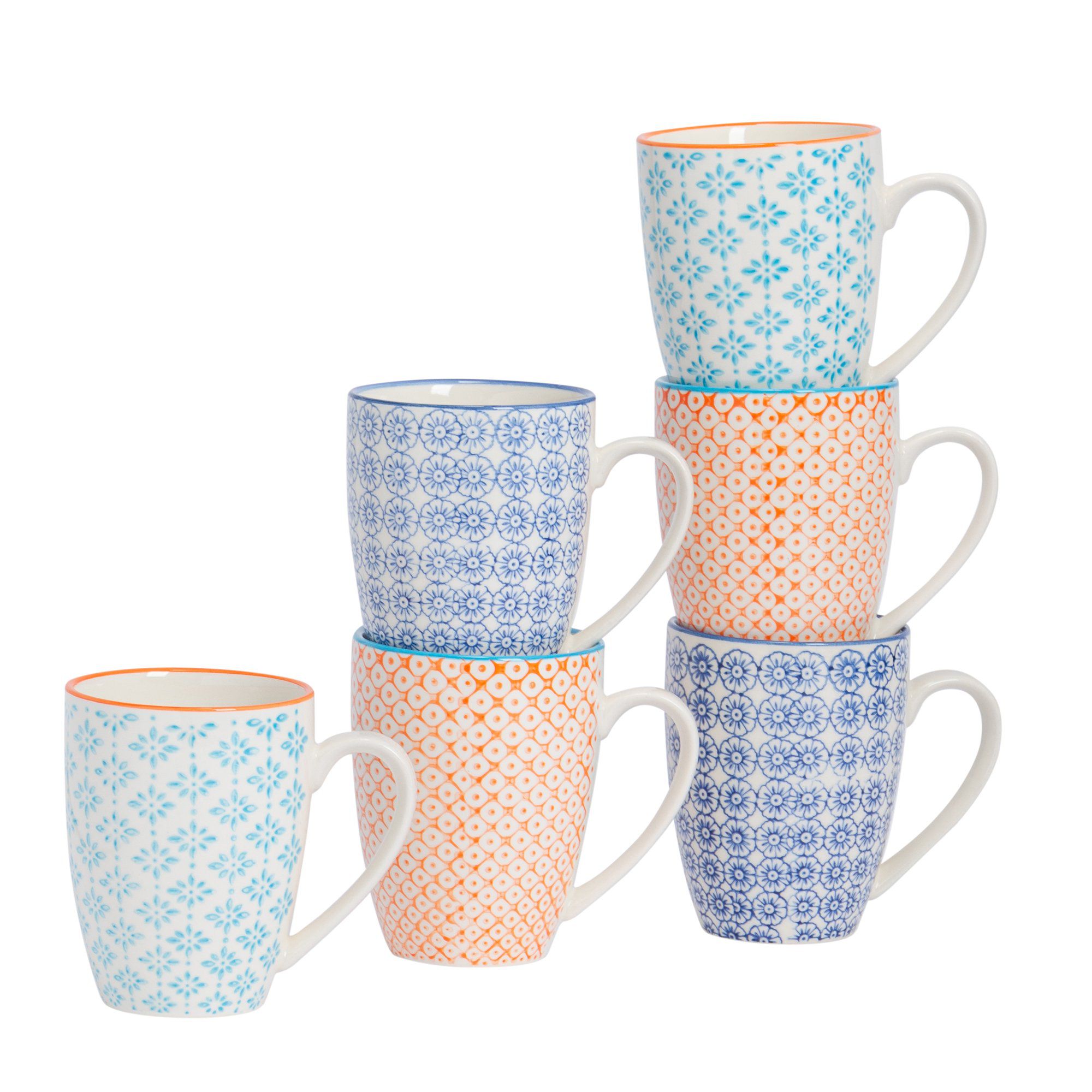 360ml Floral Multicoloured Hand Printed Stoneware Coffee Mugs - Pack of Six