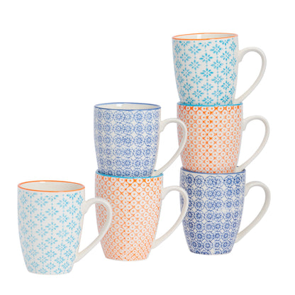 360ml Floral Multicoloured Hand Printed Stoneware Coffee Mugs - Pack of Six