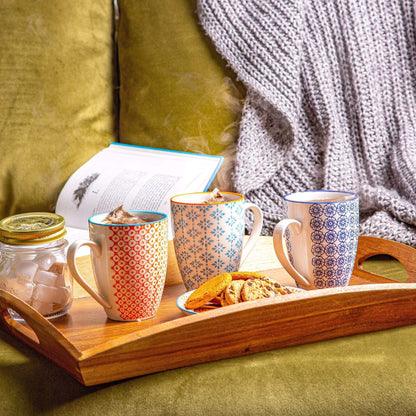 360ml Blue Hand Printed Stoneware Coffee Mugs - Pack of Six