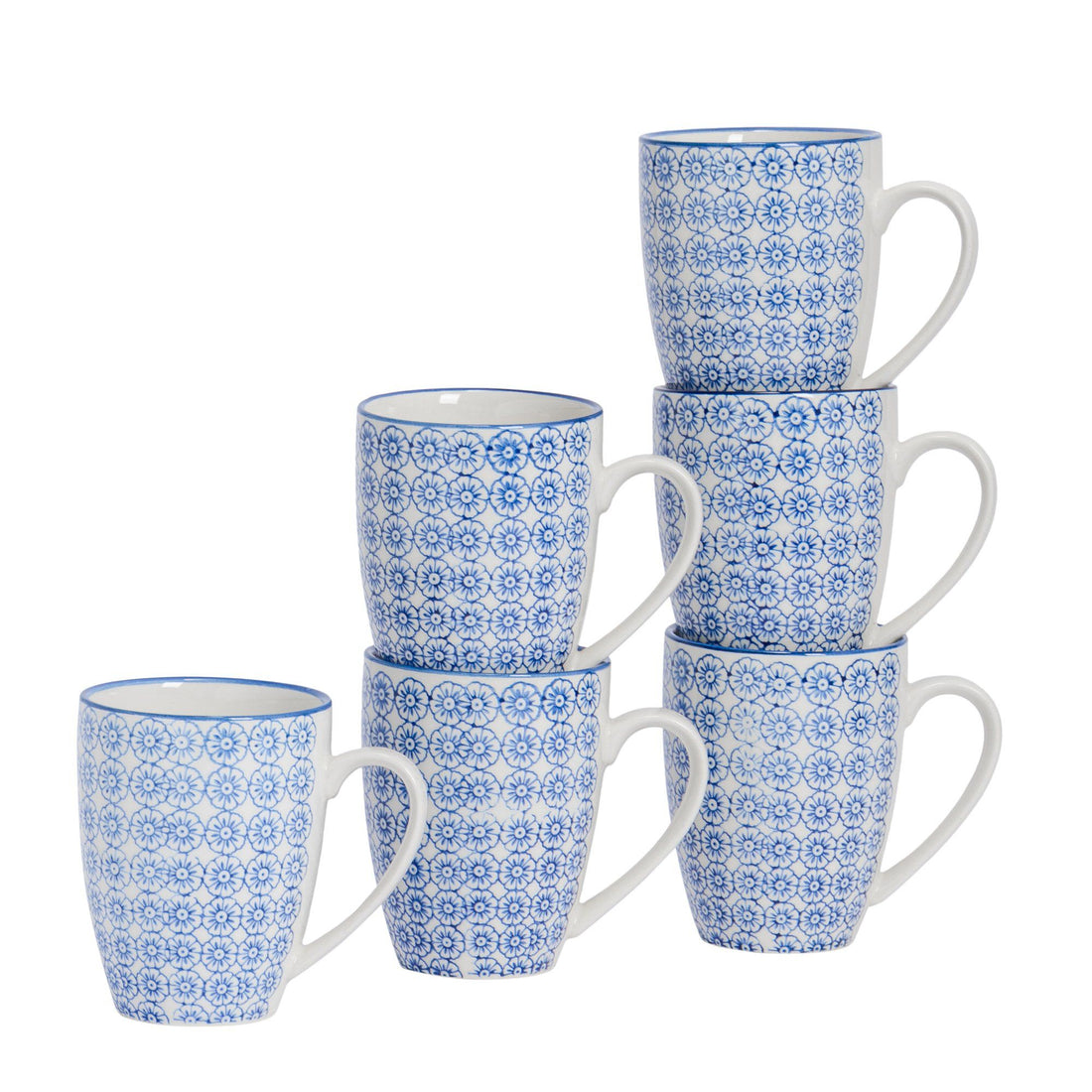 360ml Navy Hand Printed Stoneware Coffee Mugs - Pack of Six