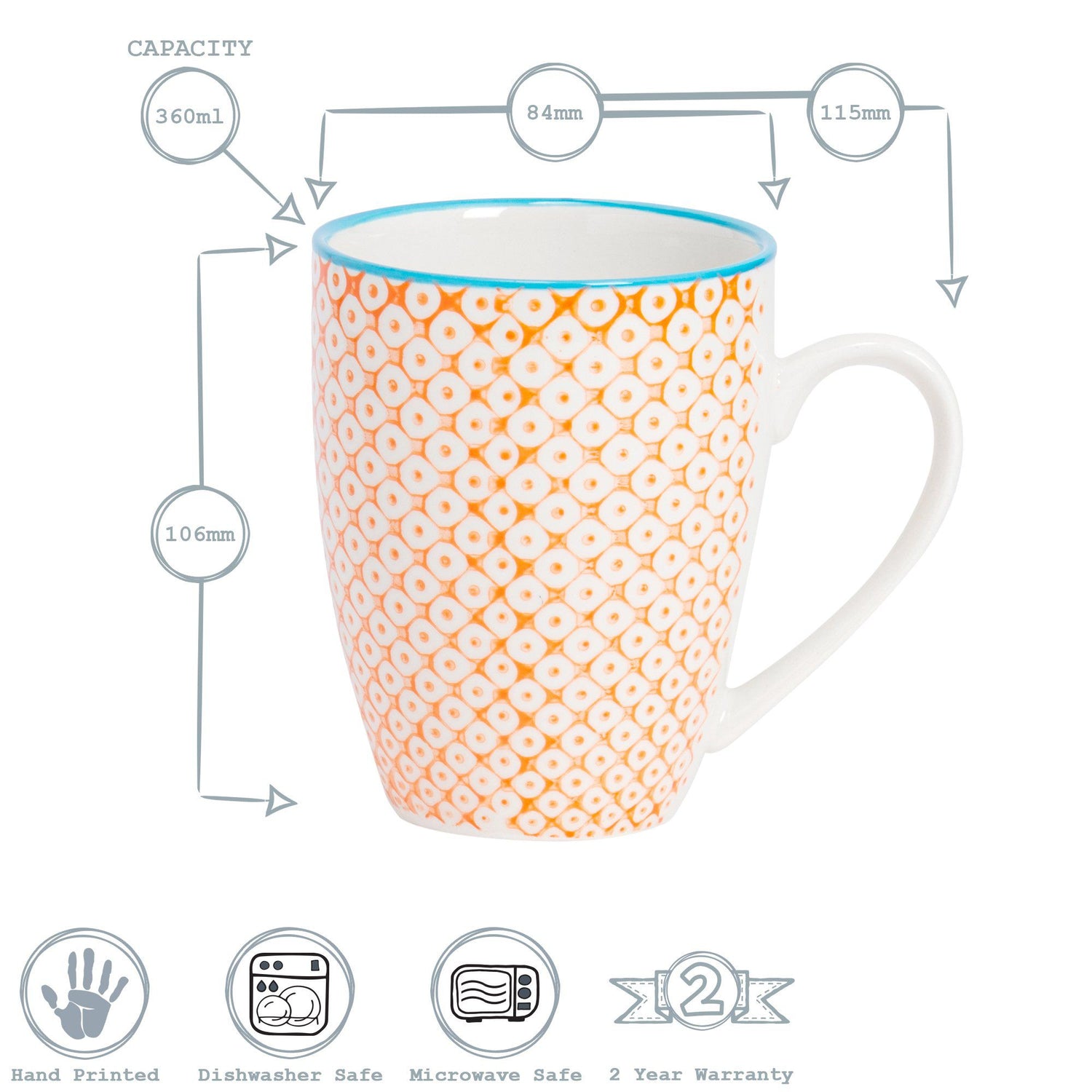 360ml Orange Hand Printed Stoneware Coffee Mugs - Pack of Six