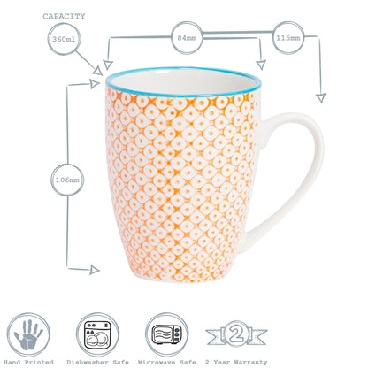 360ml Orange Hand Printed Stoneware Coffee Mugs - Pack of Six
