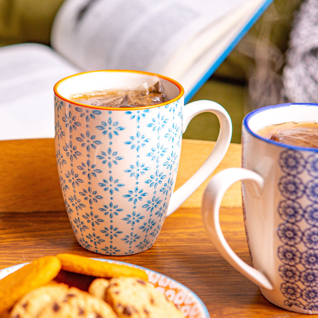 360ml Blue Hand Printed Stoneware Coffee Mugs - Pack of Six