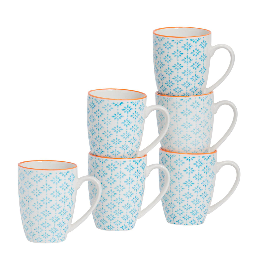 360ml Blue Hand Printed Stoneware Coffee Mugs - Pack of Six