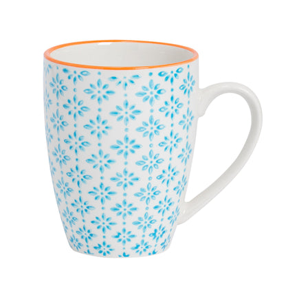 360ml Blue Hand Printed Stoneware Coffee Mugs - Pack of Six