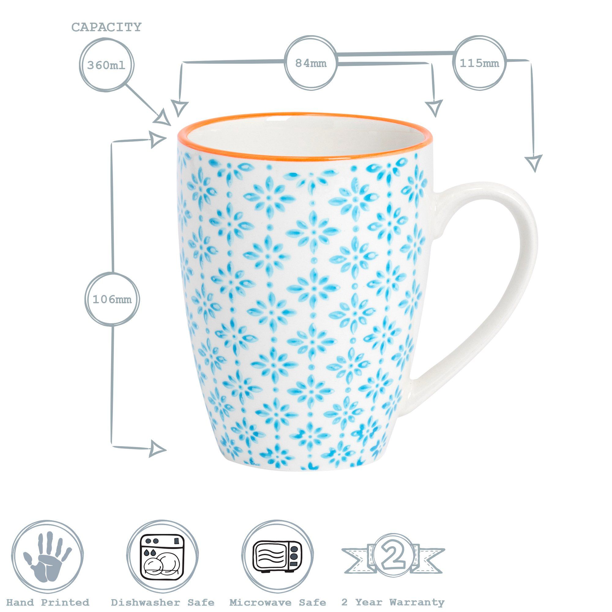 360ml Blue Hand Printed Stoneware Coffee Mugs - Pack of Six