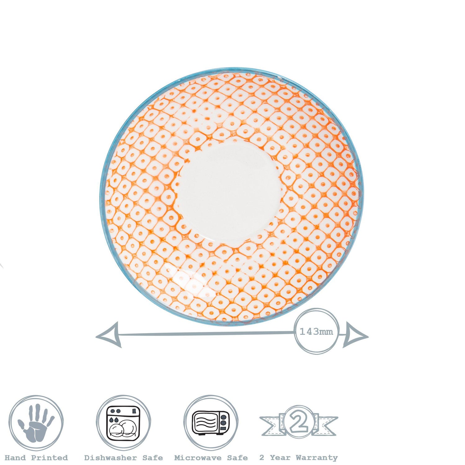 14.5cm Orange Hand Printed Stoneware Cappuccino Saucers - Pack of Six