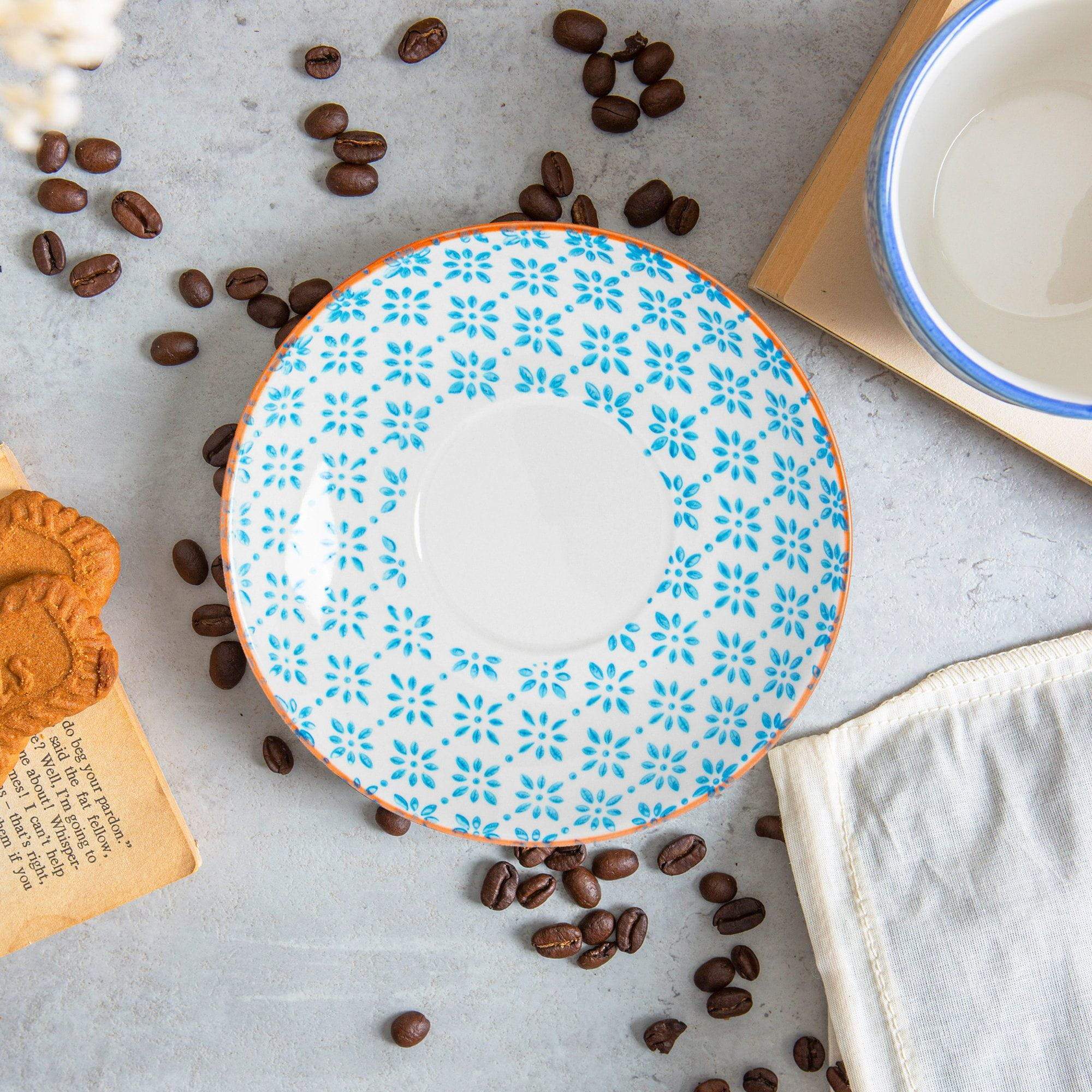 14.5cm Blue Hand Printed Stoneware Cappuccino Saucers - Pack of Six
