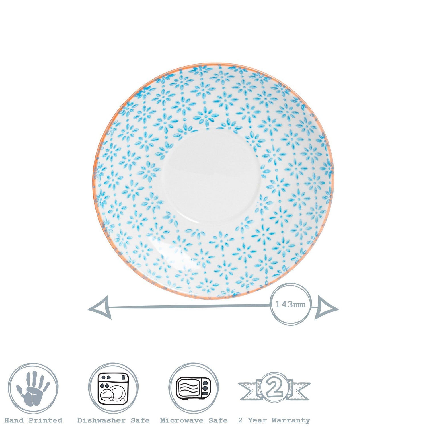 14.5cm Blue Hand Printed Stoneware Cappuccino Saucers - Pack of Six