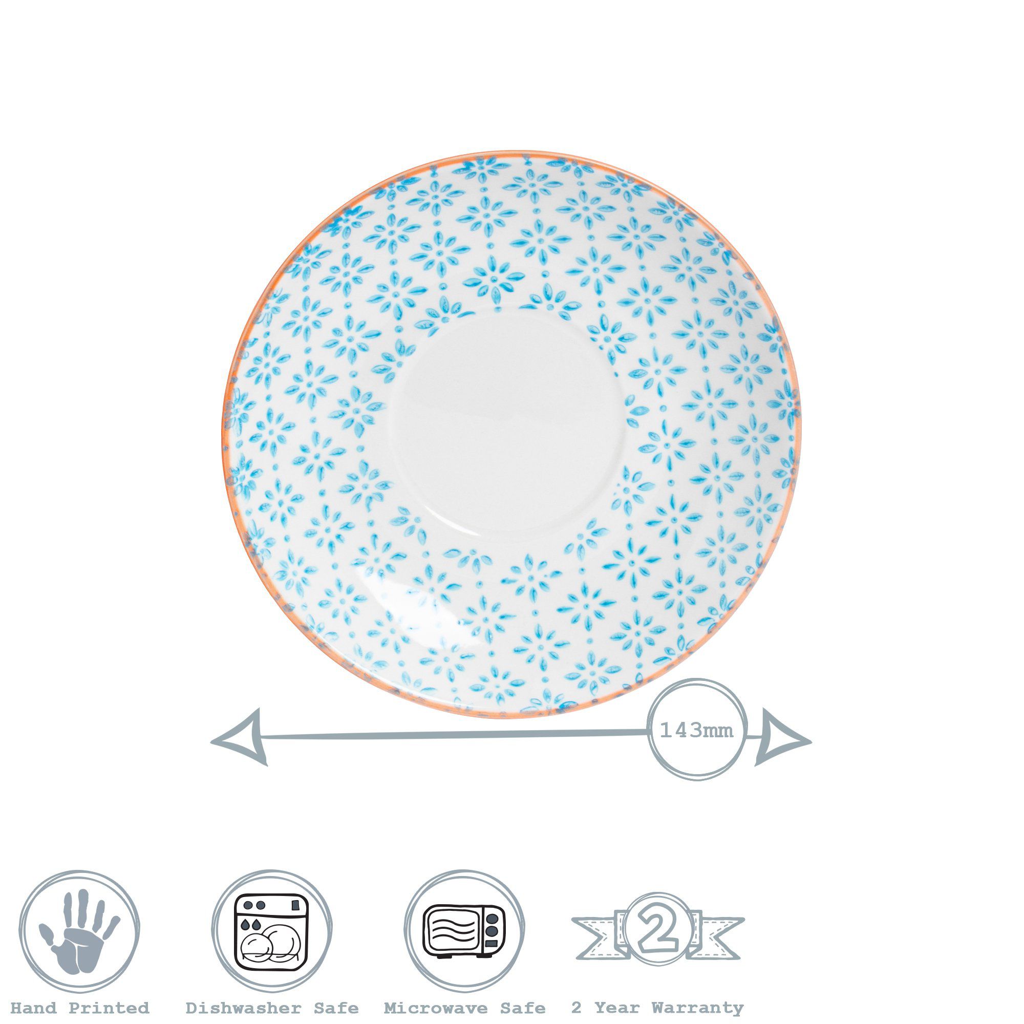 14.5cm Blue Hand Printed Stoneware Cappuccino Saucers - Pack of Six