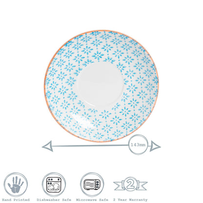 14.5cm Blue Hand Printed Stoneware Cappuccino Saucers - Pack of Six