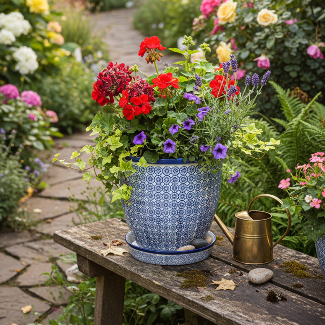 20cm Hand Printed Navy Stoneware Plant Pot with Saucer
