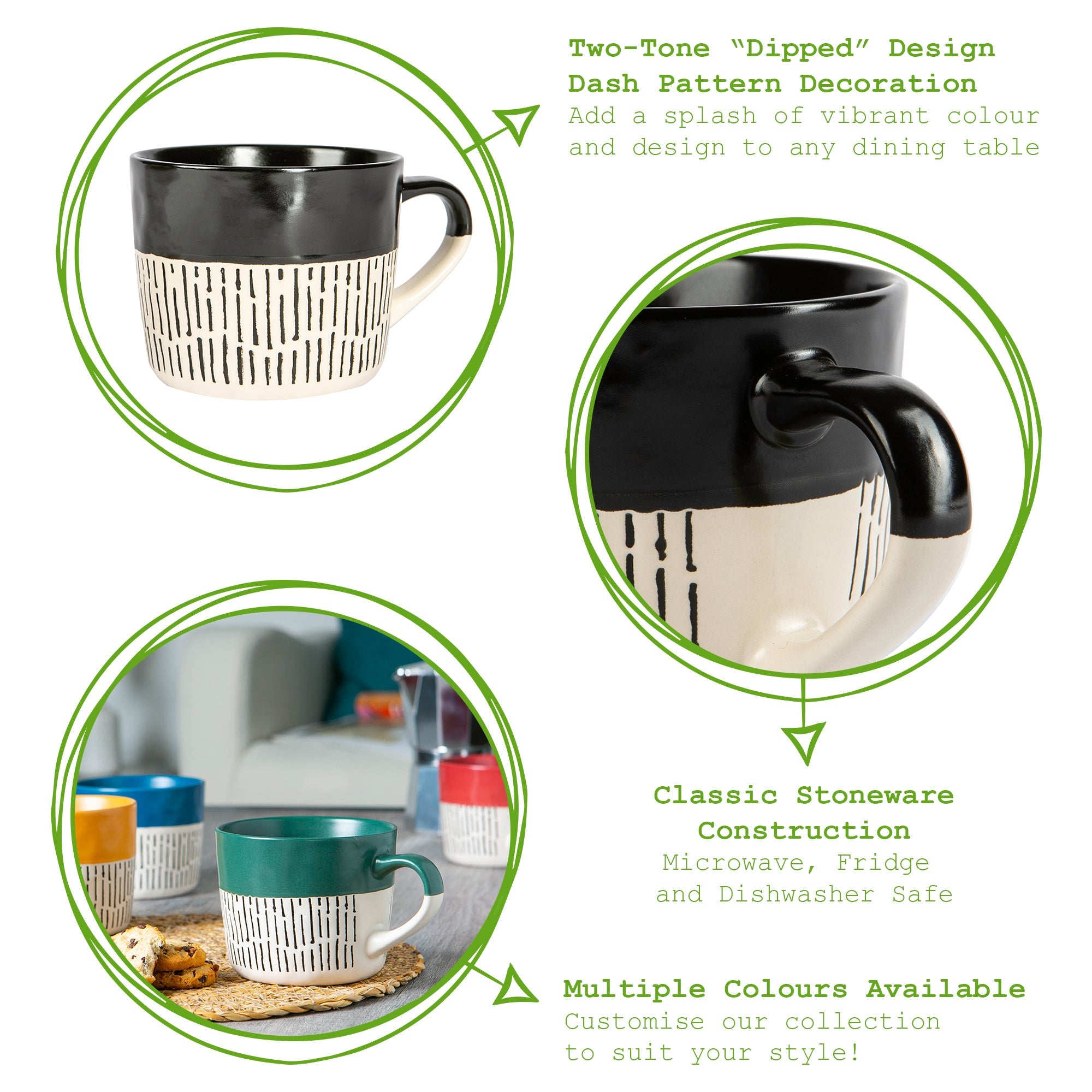 450ml Green Colour Block Dash Stoneware Coffee Mugs - Pack of Six