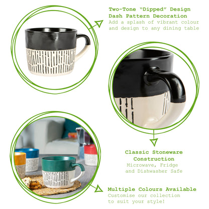 450ml Green Colour Block Dash Stoneware Coffee Mugs - Pack of Six