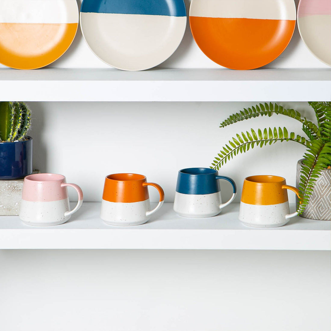 370ml Multicoloured Colour Block Flecked Stoneware Belly Mugs - Pack of Four