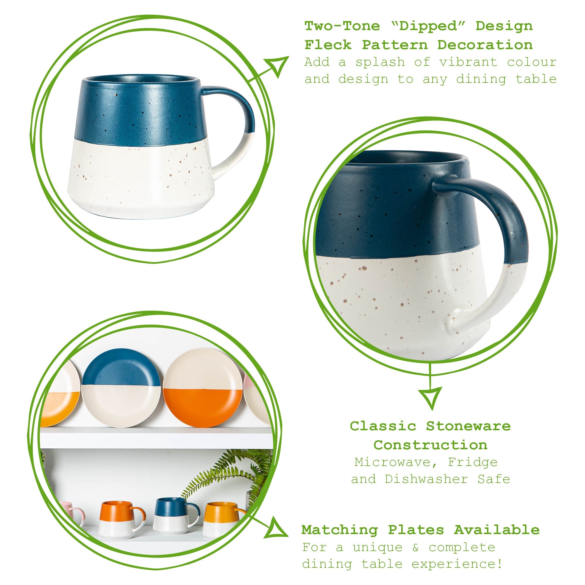 370ml Blue Colour Block Flecked Stoneware Belly Mugs - Pack of Four