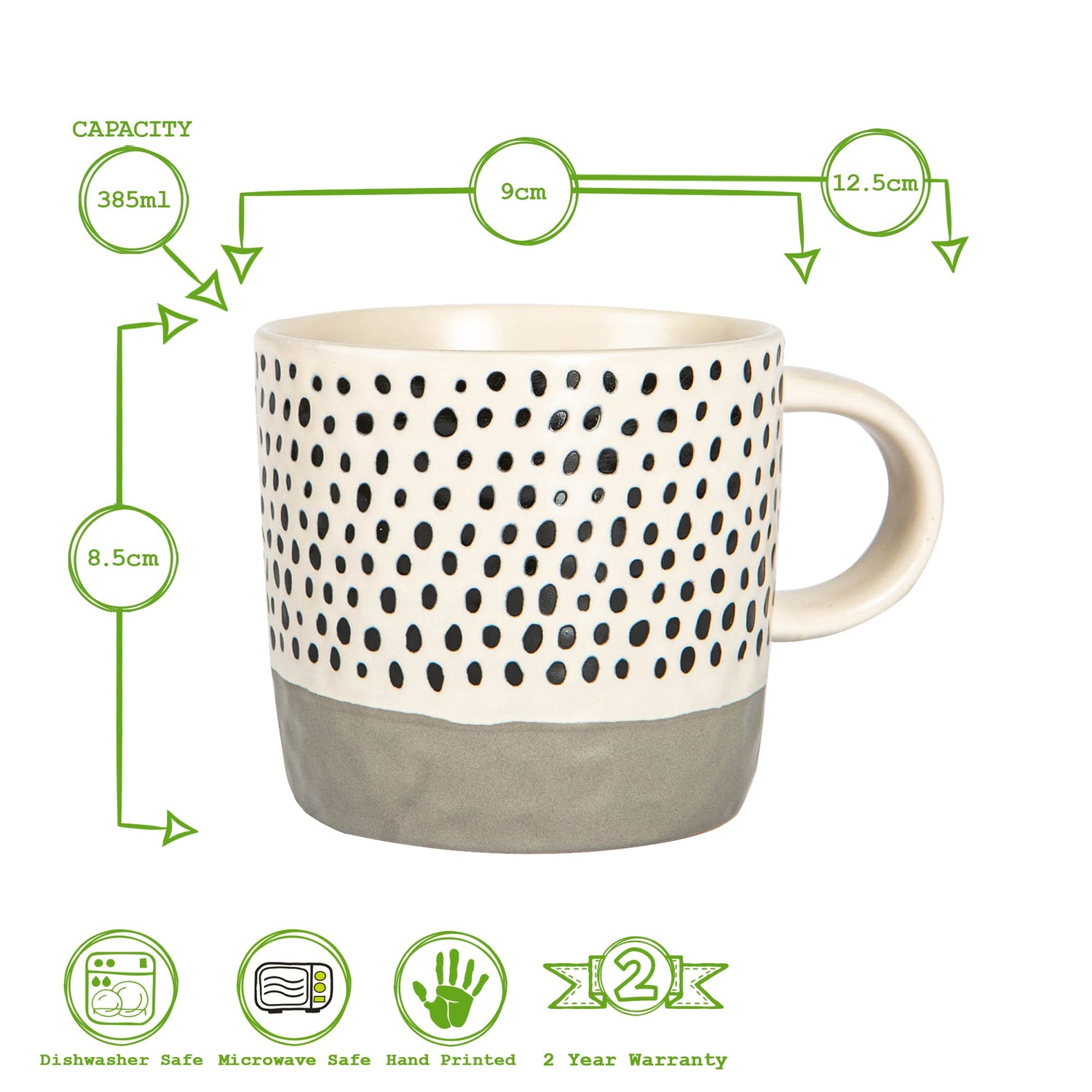 385ml Grey Colour Block Spot Portuguese Stoneware Coffee Mugs - Pack of Six
