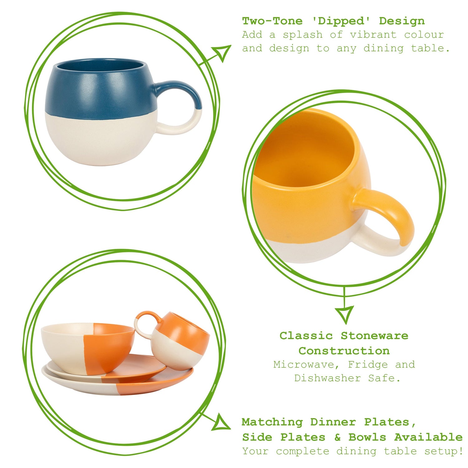 340ml Multicoloured Colour Block Stoneware Sphere Mugs - Pack of Four