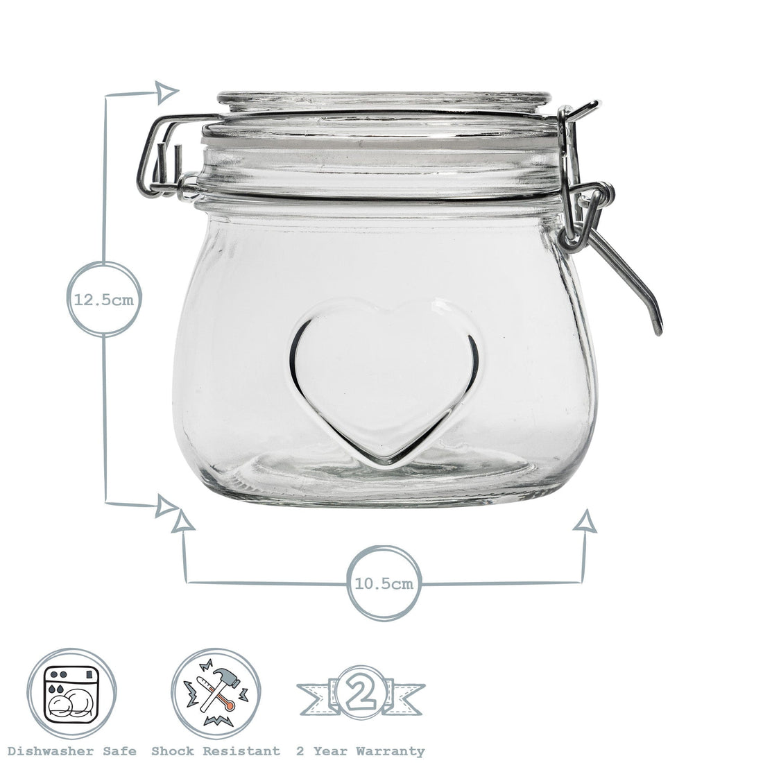 500ml Airtight Glass Storage Jar with Embossed Heart Detail - White Seal