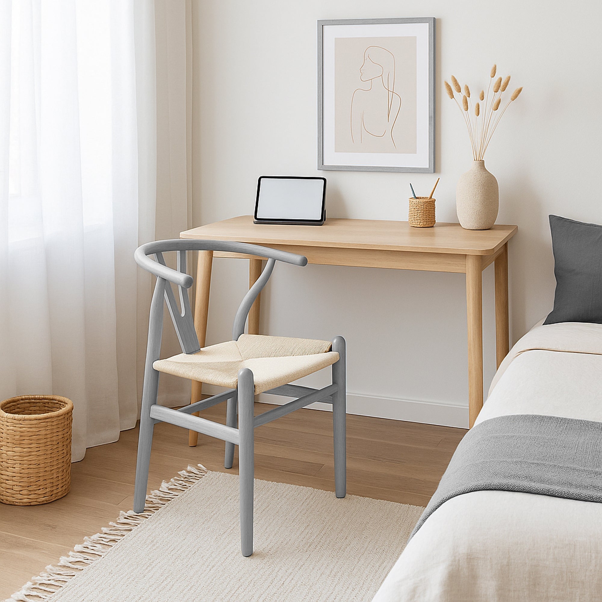 Grey Wooden Wishbone Dining Chair with Beige Weave