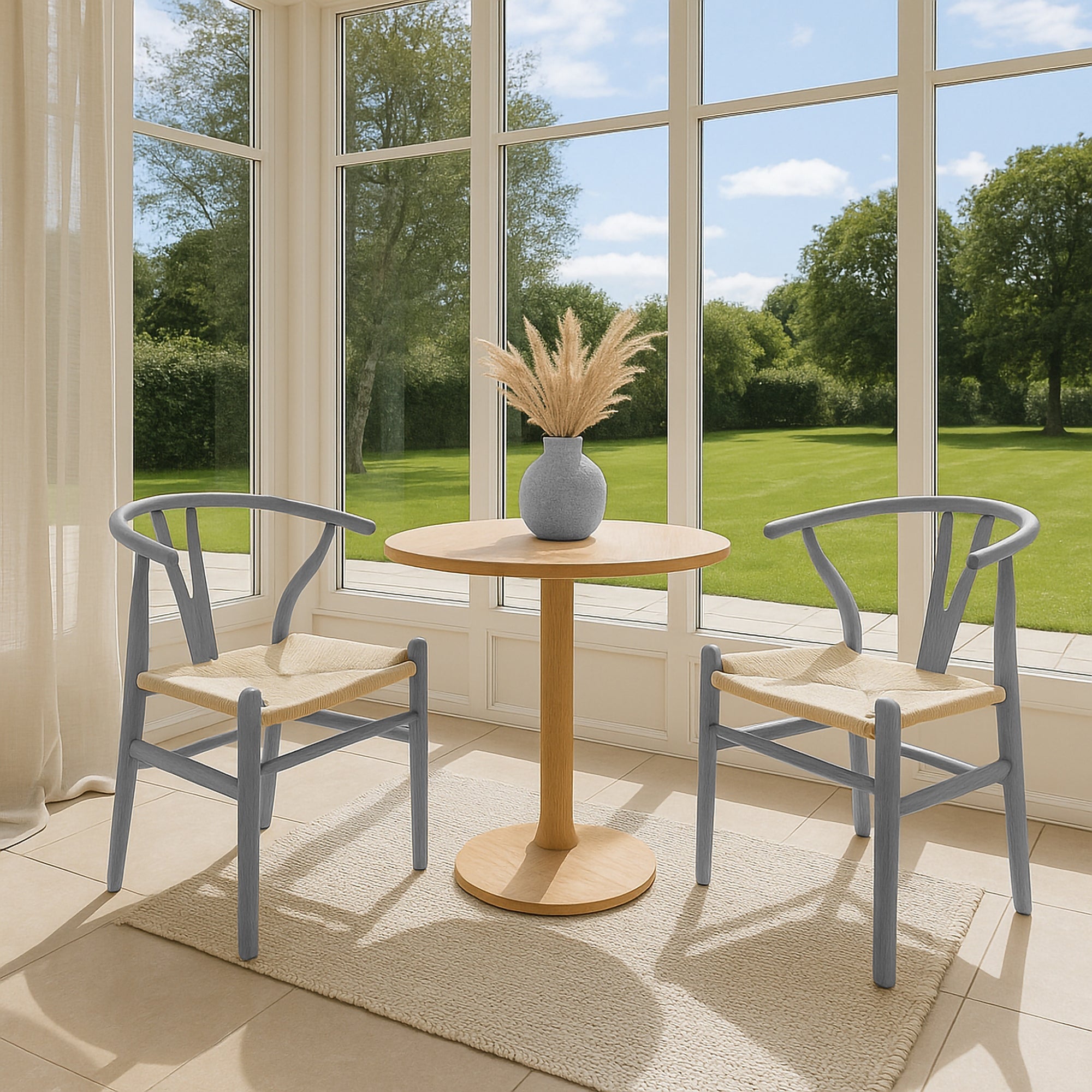 Grey Wooden Wishbone Dining Chair with Beige Weave