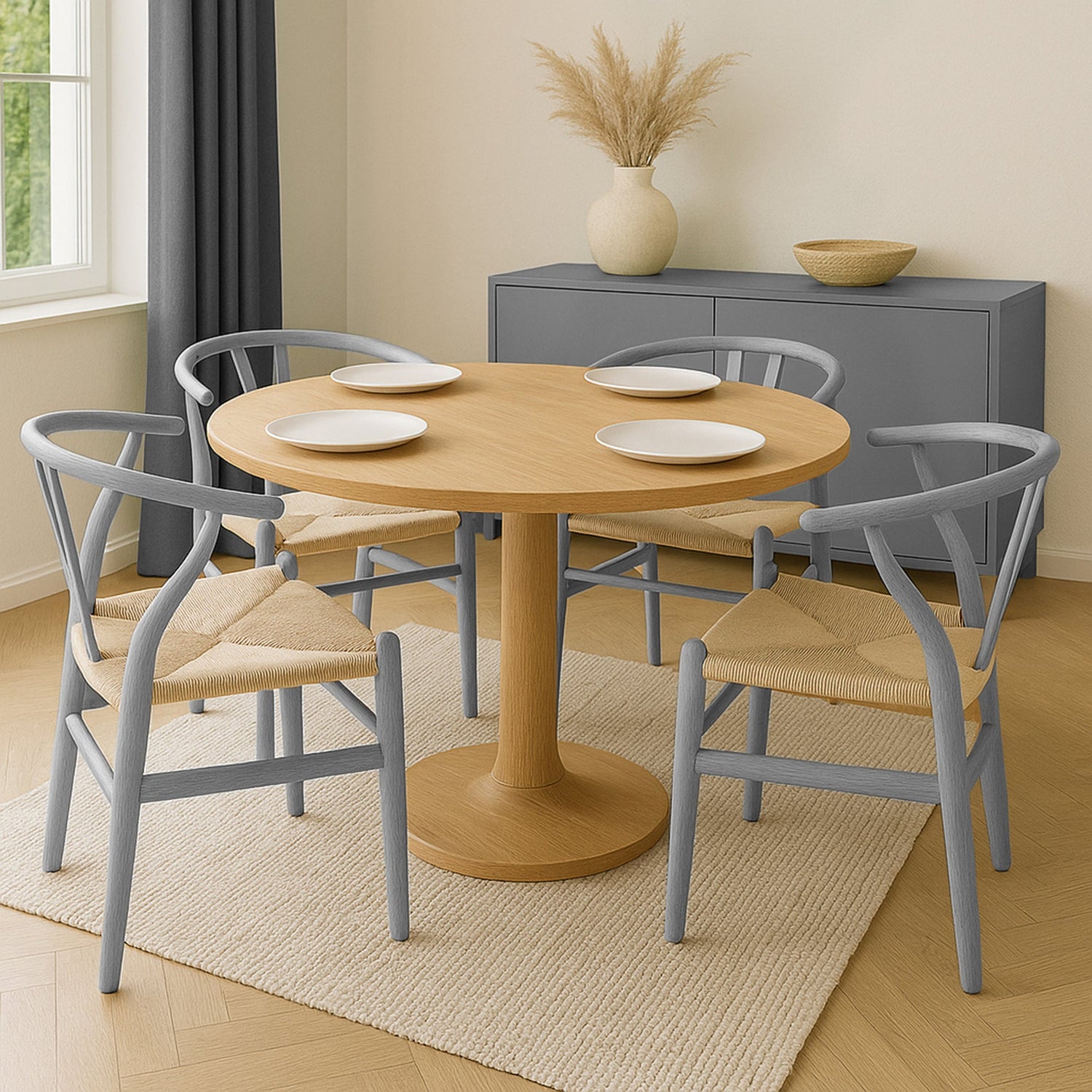 Grey Wooden Wishbone Dining Chair with Beige Weave