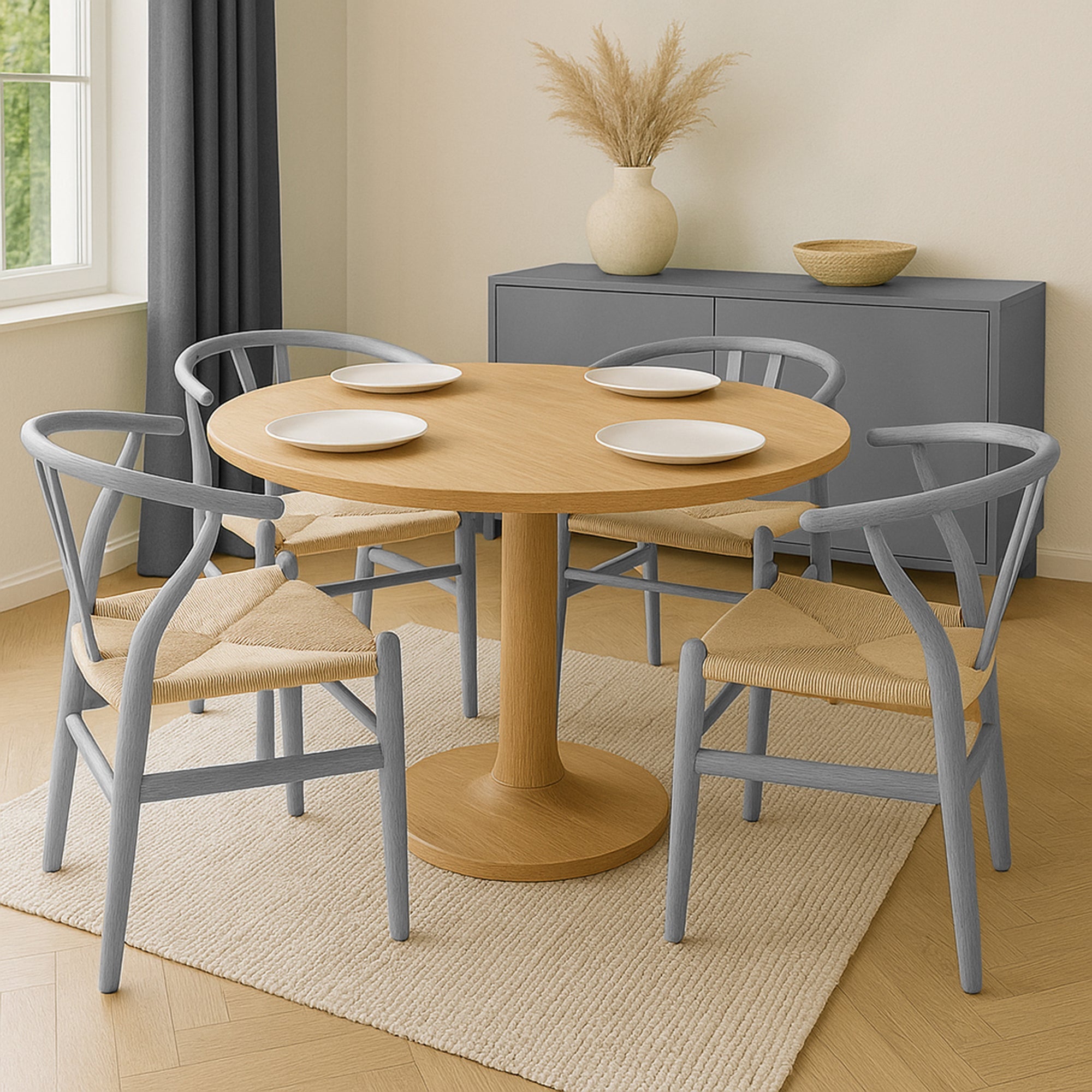 Grey Wooden Wishbone Dining Chair with Beige Weave