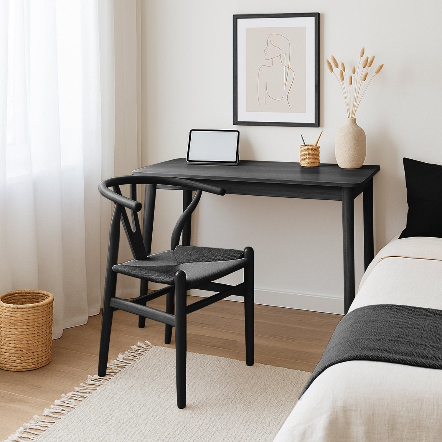 Black Wooden Wishbone Dining Chair with Black Weave