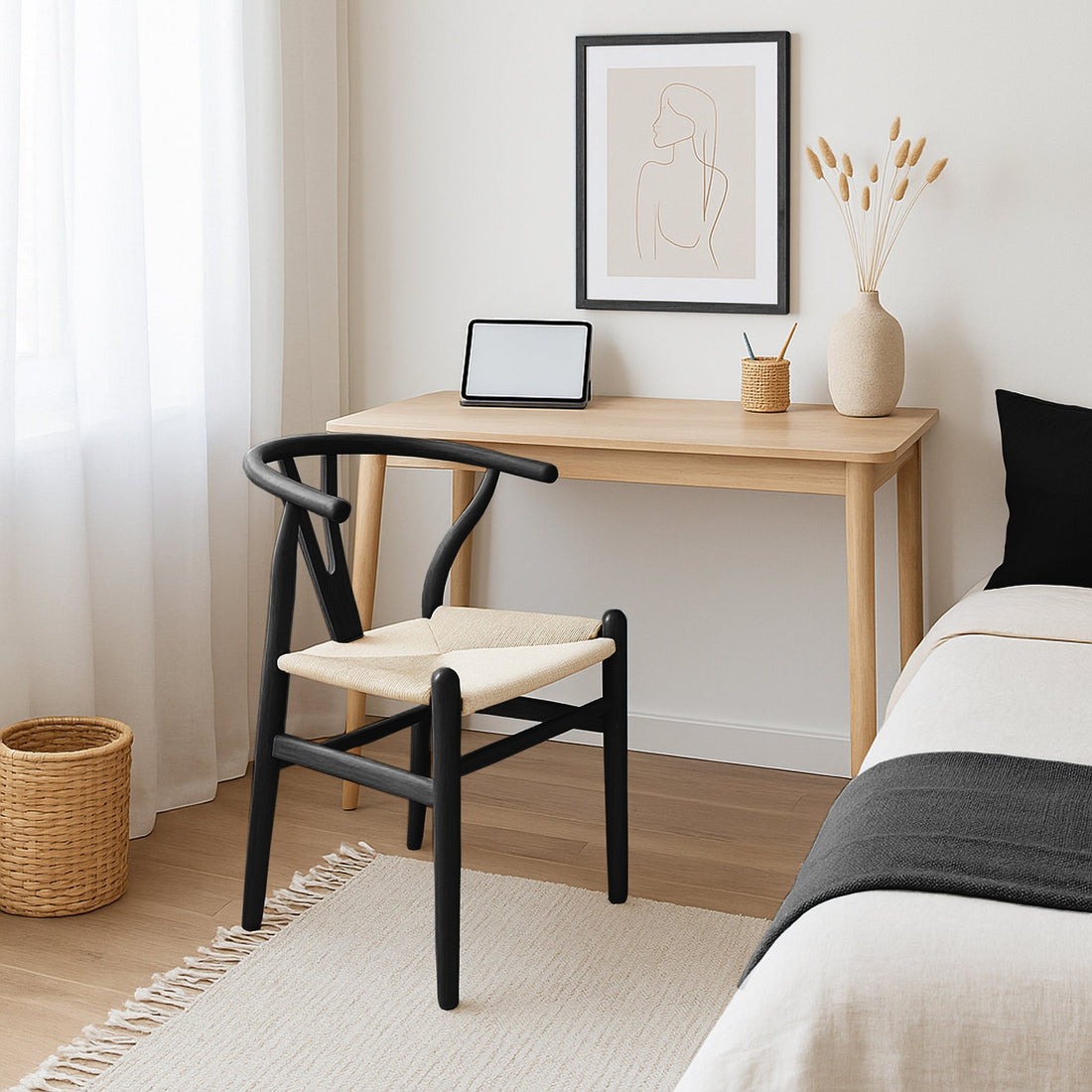 Black Wooden Wishbone Dining Chair with Beige Weave