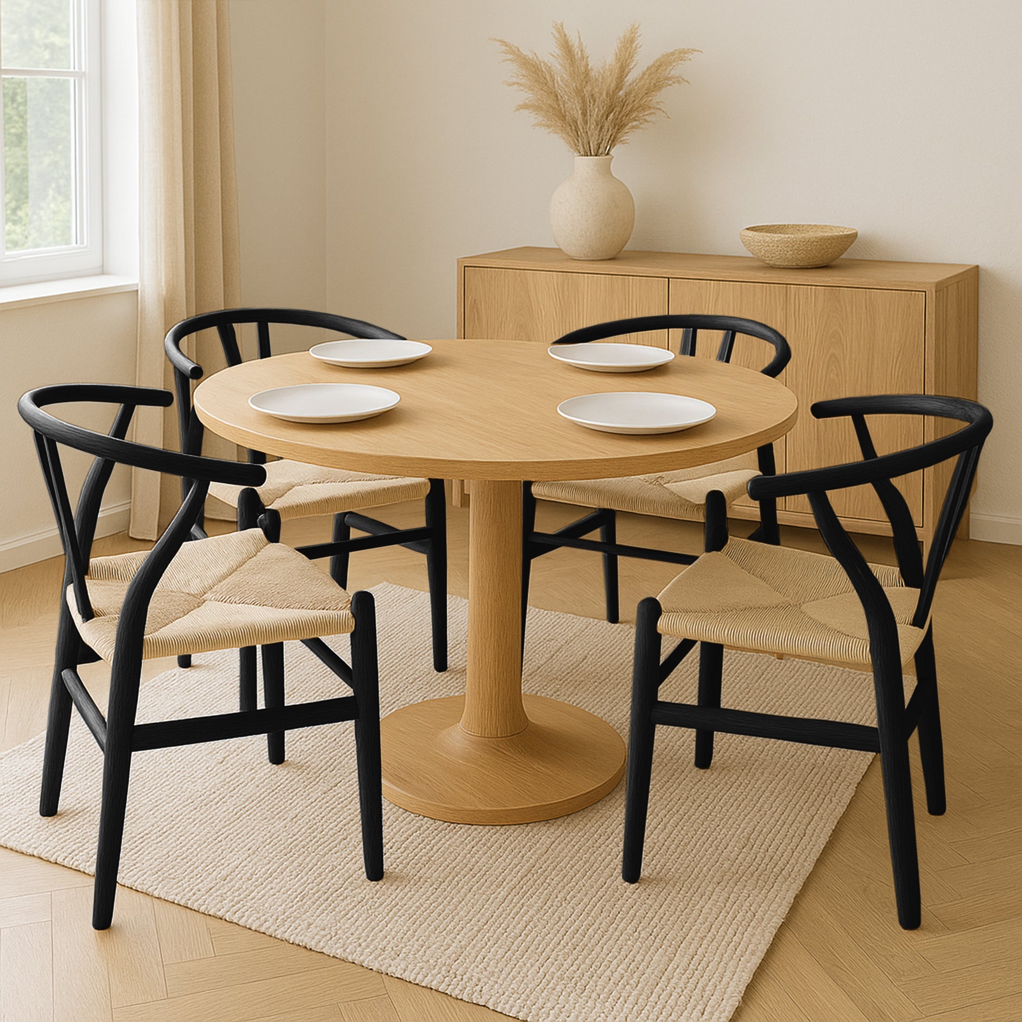 Black Wooden Wishbone Dining Chair with Beige Weave
