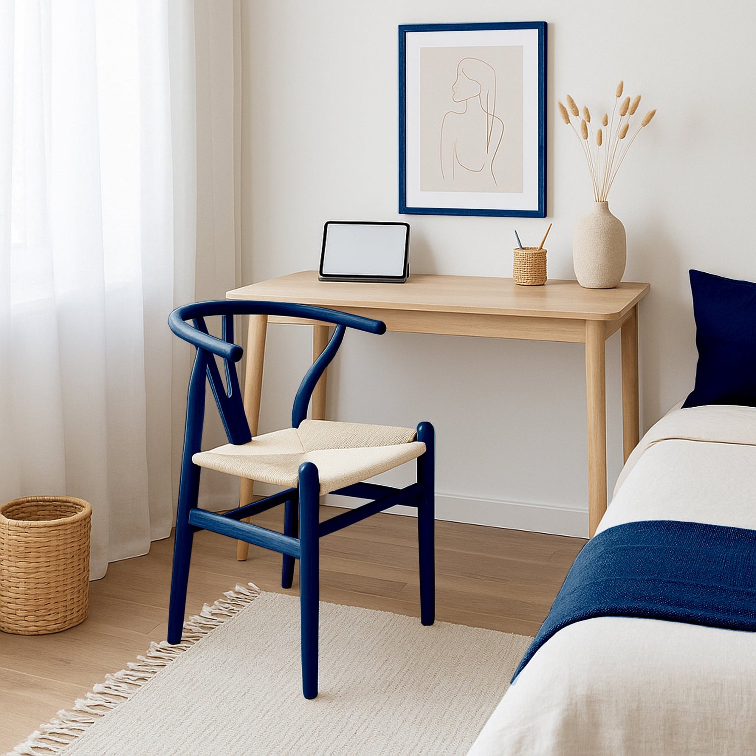 Blue Wooden Wishbone Dining Chair with Beige Weave