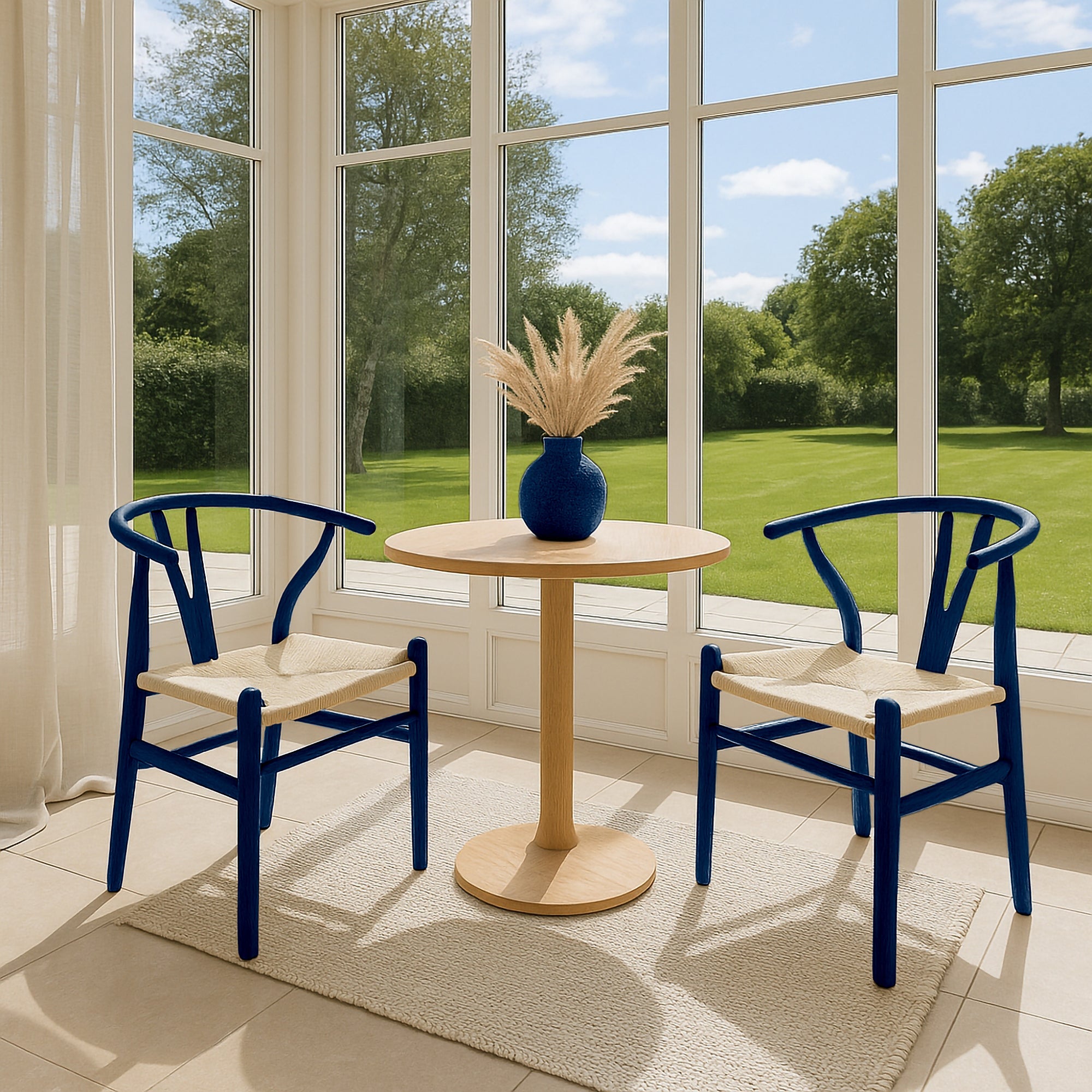 Blue Wooden Wishbone Dining Chair with Beige Weave