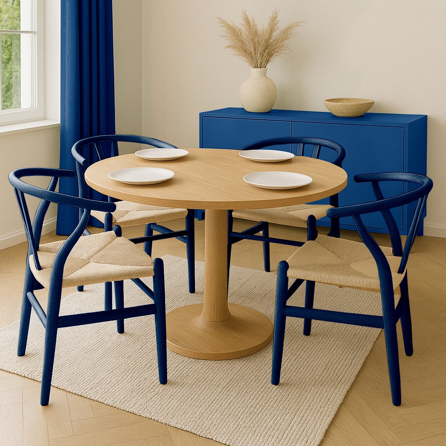Blue Wooden Wishbone Dining Chair with Beige Weave