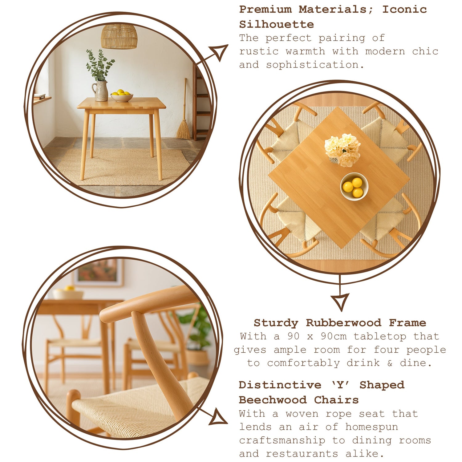 5pc 90cm Square Beige Wooden Table &amp; Black Wishbone Chair Dining Set