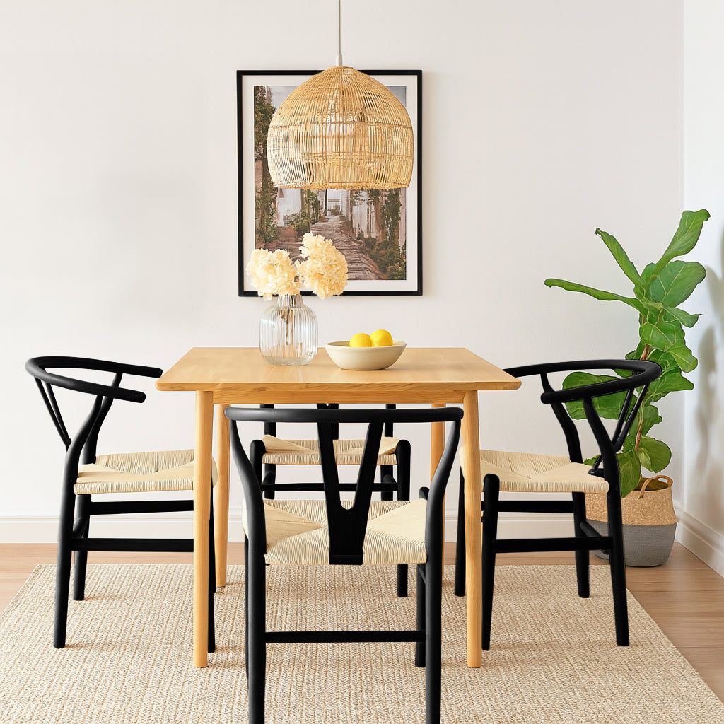 5pc 90cm Square Beige Wooden Table &amp; Black Wishbone Chair Dining Set