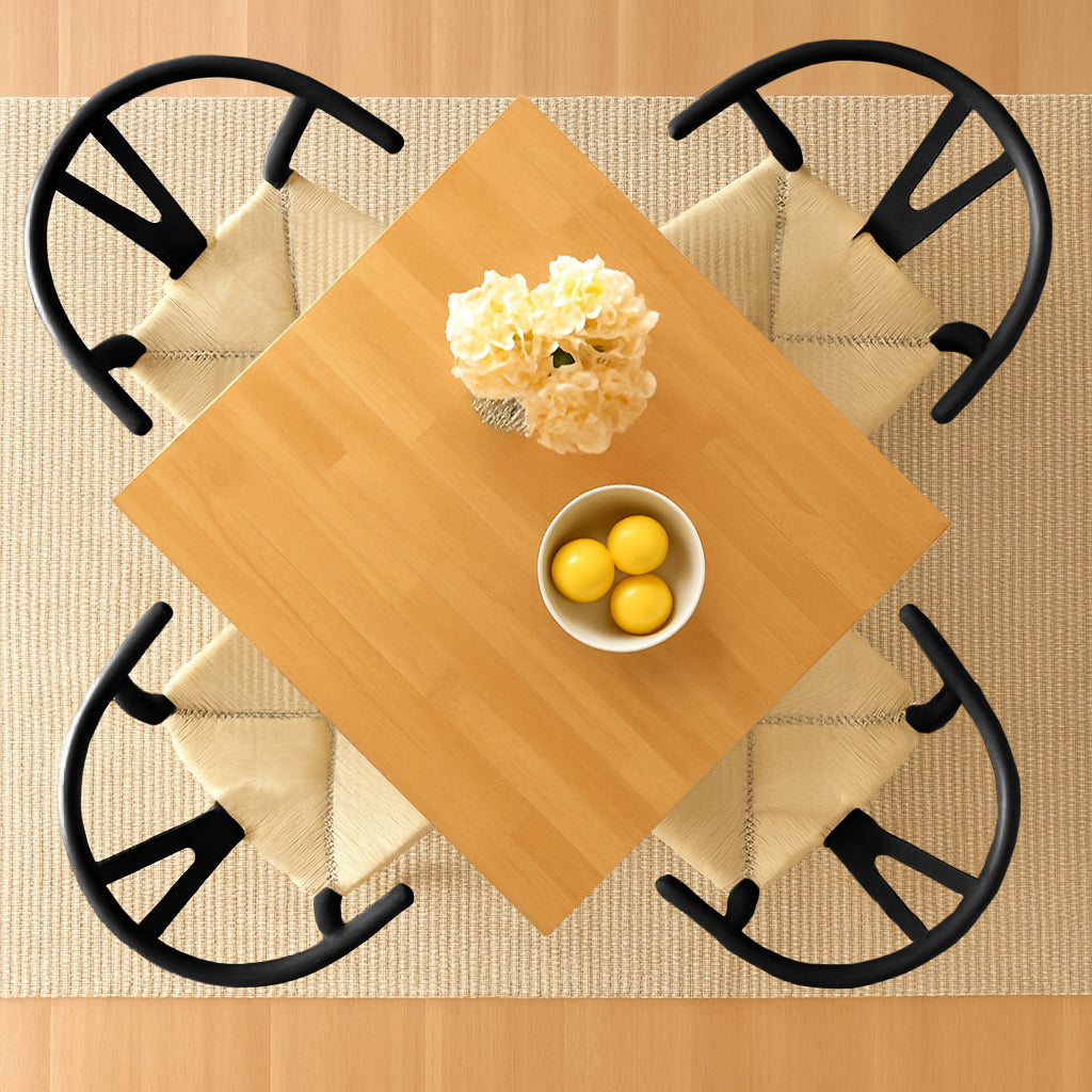 5pc 90cm Square Beige Wooden Table &amp; Black Wishbone Chair Dining Set