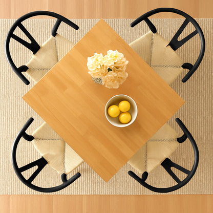 5pc 90cm Square Beige Wooden Table &amp; Black Wishbone Chair Dining Set