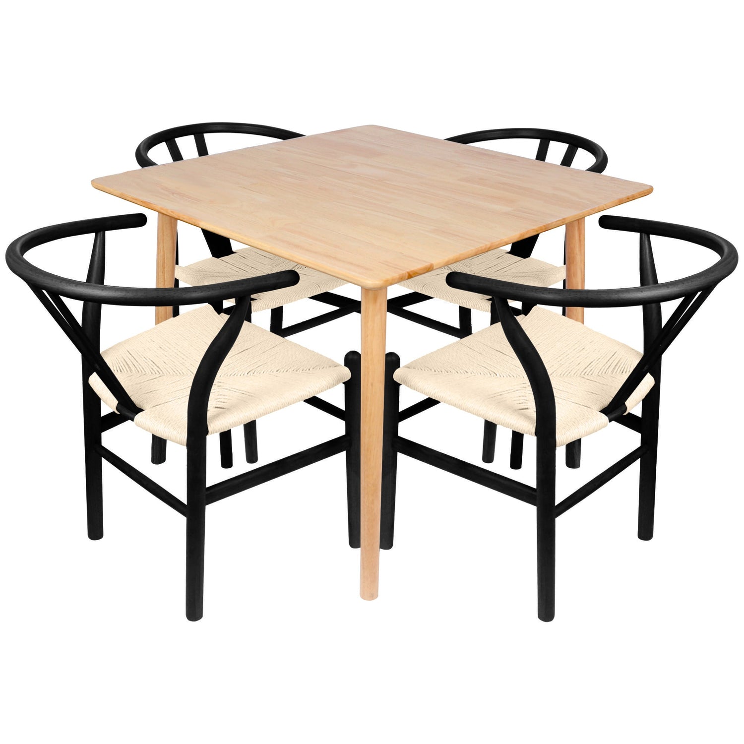 5pc 90cm Square Beige Wooden Table &amp; Black Wishbone Chair Dining Set