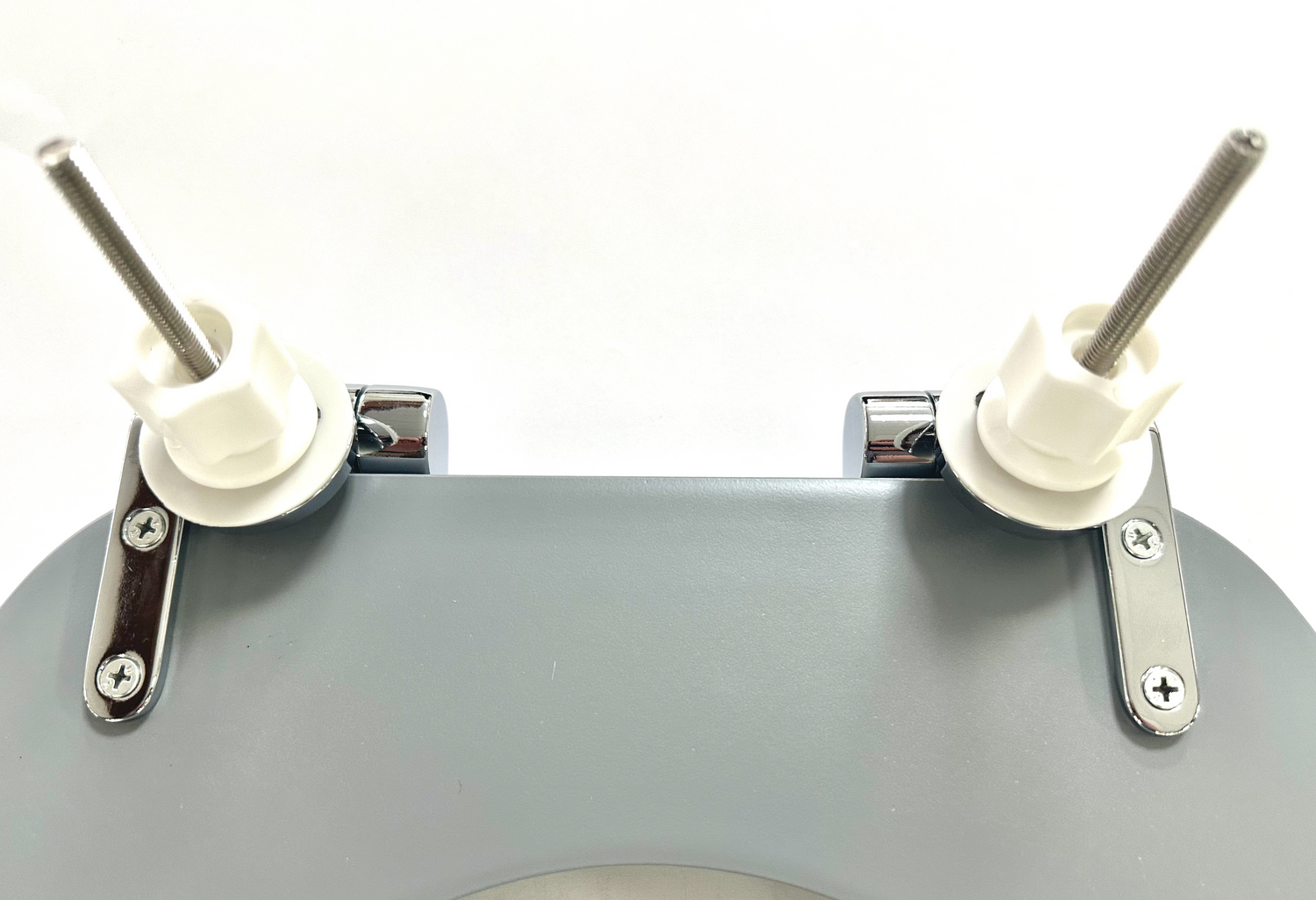 Harbour Housewares soft-close tongue and groove MDF wood toilet seat underside, showing fittings in place, pre-installation