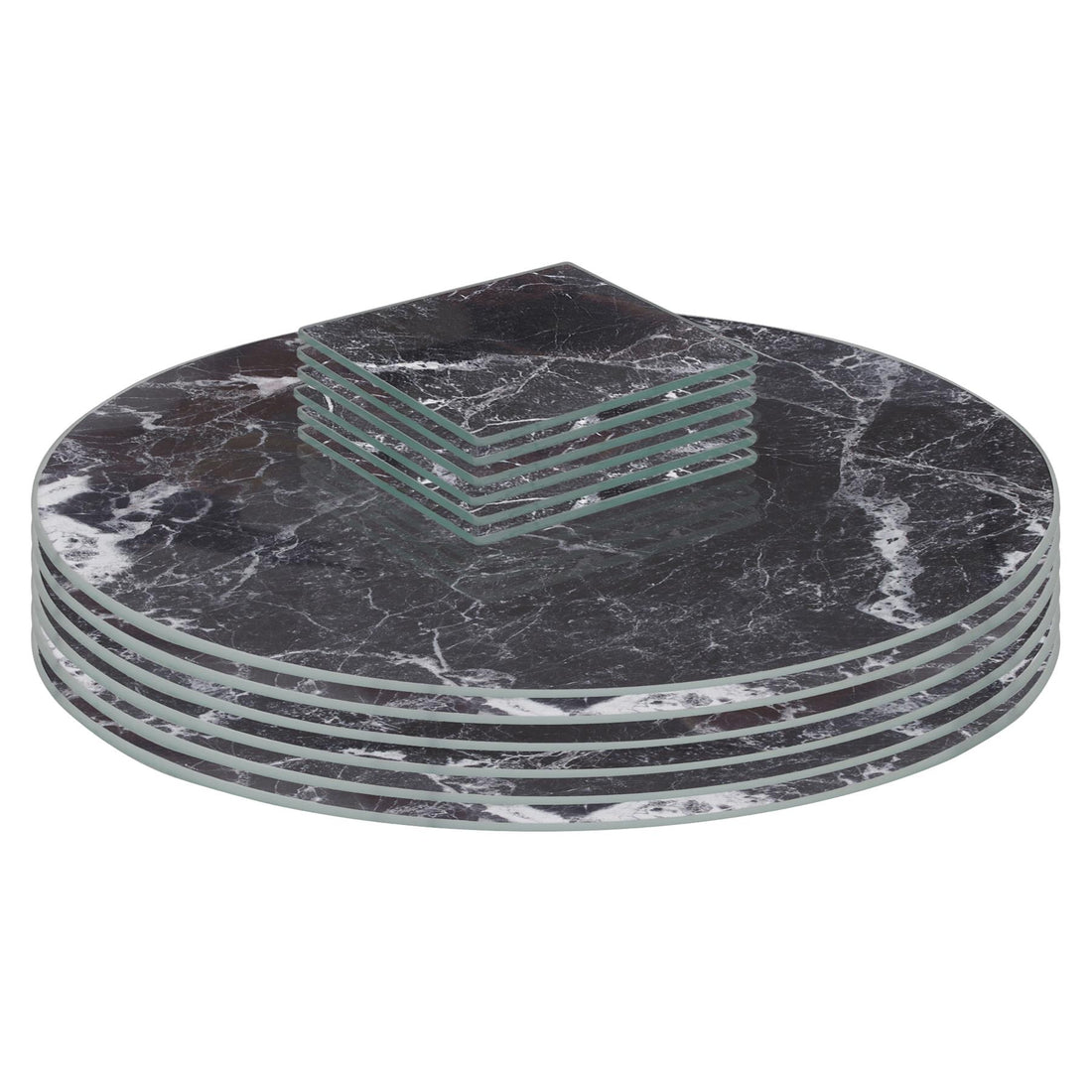 Black Marble-Effect 12-Piece Glass Placemat &amp; Coaster Set - 30cm Round Placemats &amp; Square Coasters