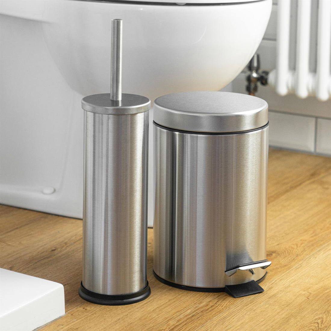 Round Brushed Stainless Steel Toilet Brush &amp; Bin Set