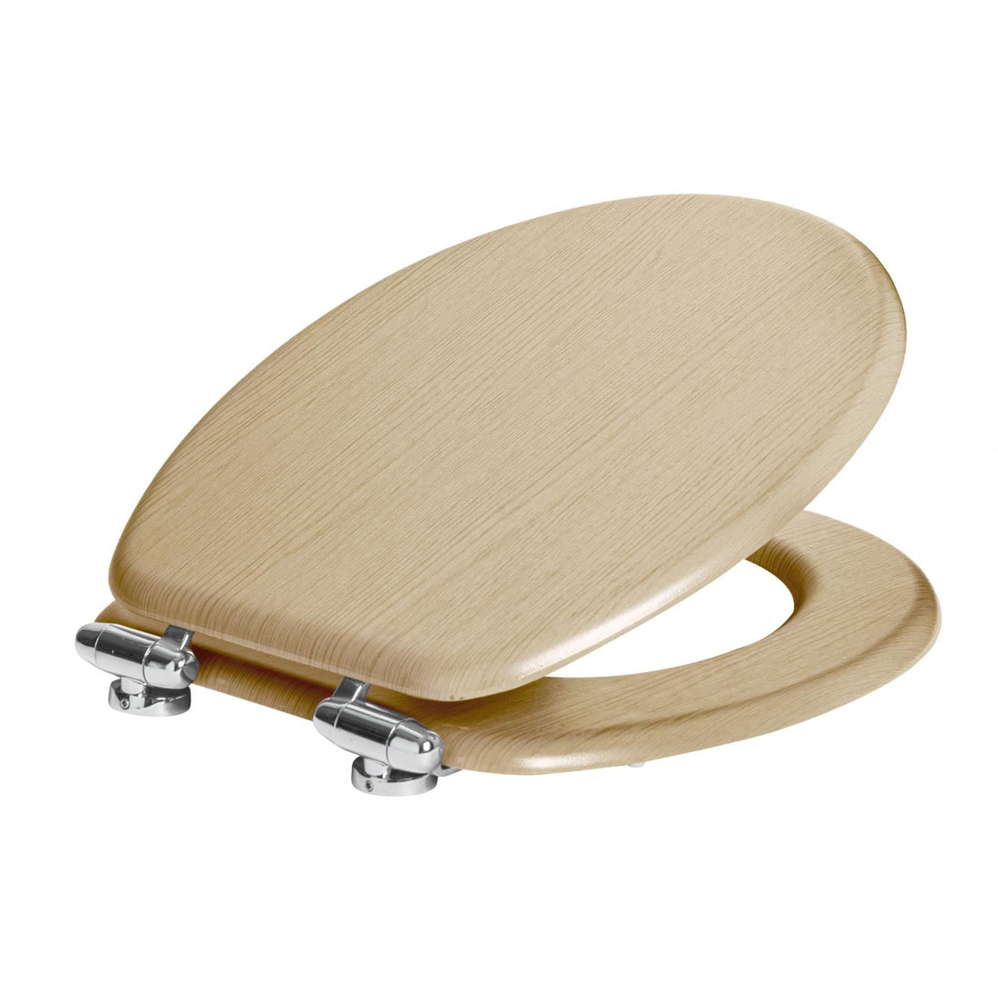 Light Oak soft-close tongue and groove MDF wood toilet seat with chrome hinges, from Harbour Housewares, product image on white background