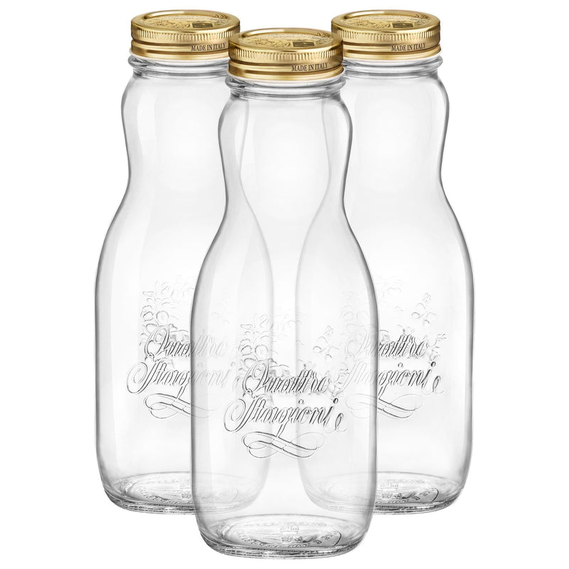 1L Quattro Stagioni Glass Juice Bottles with Screw Top Lid - Pack of 3 - By Bormioli Rocco