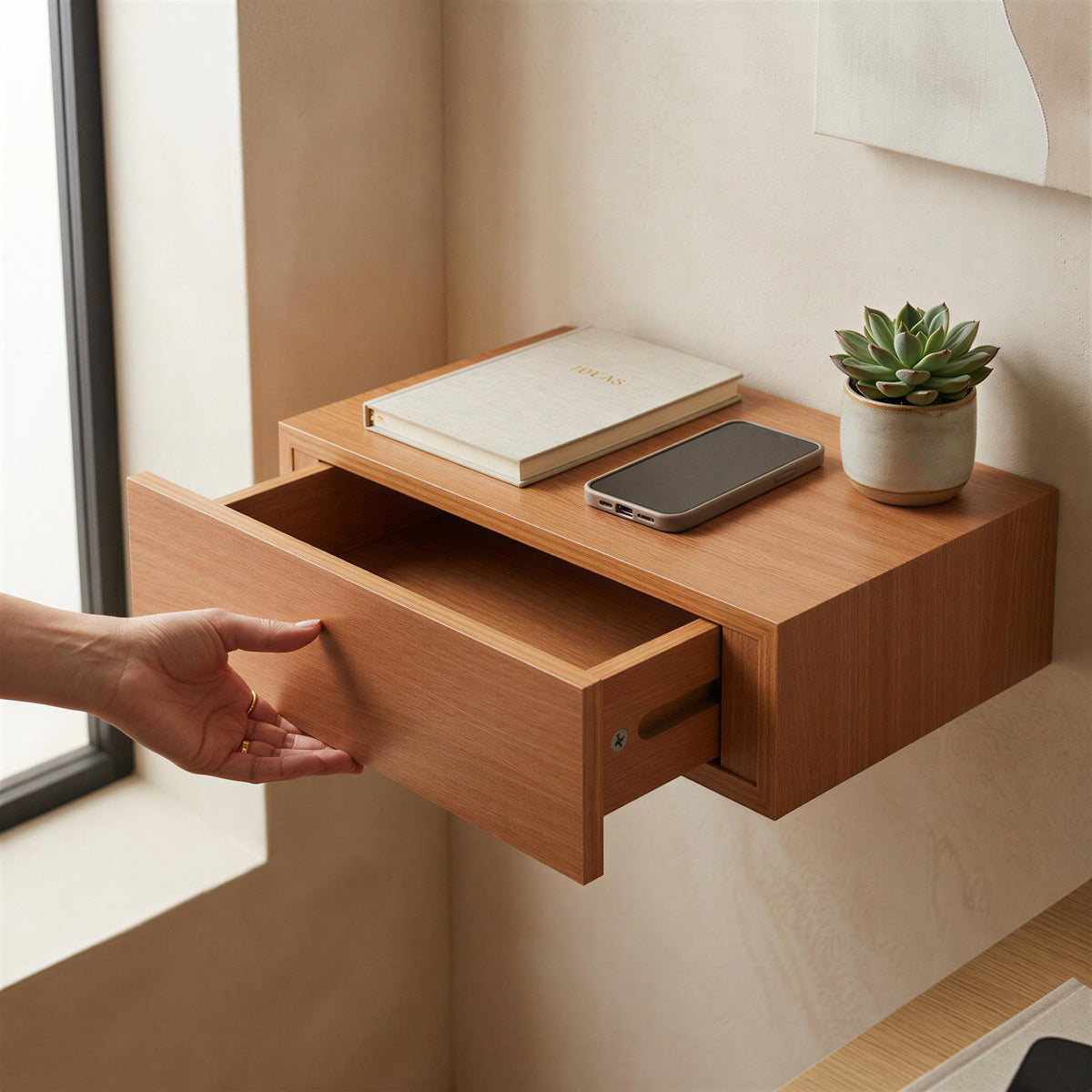 Wooden Floating Shelf with Drawer - 40cm - Walnut