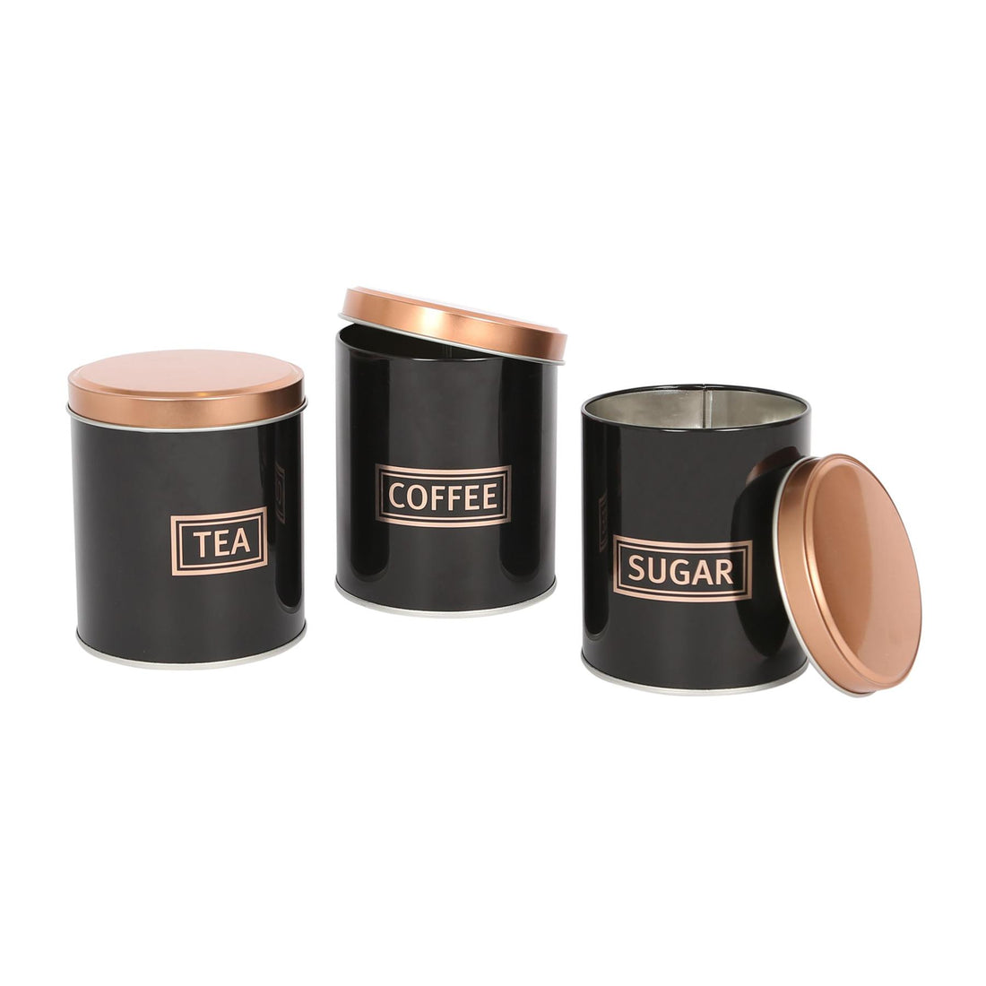 3pc Round Metal Tea Coffee Sugar Black &amp; Copper Canister Set