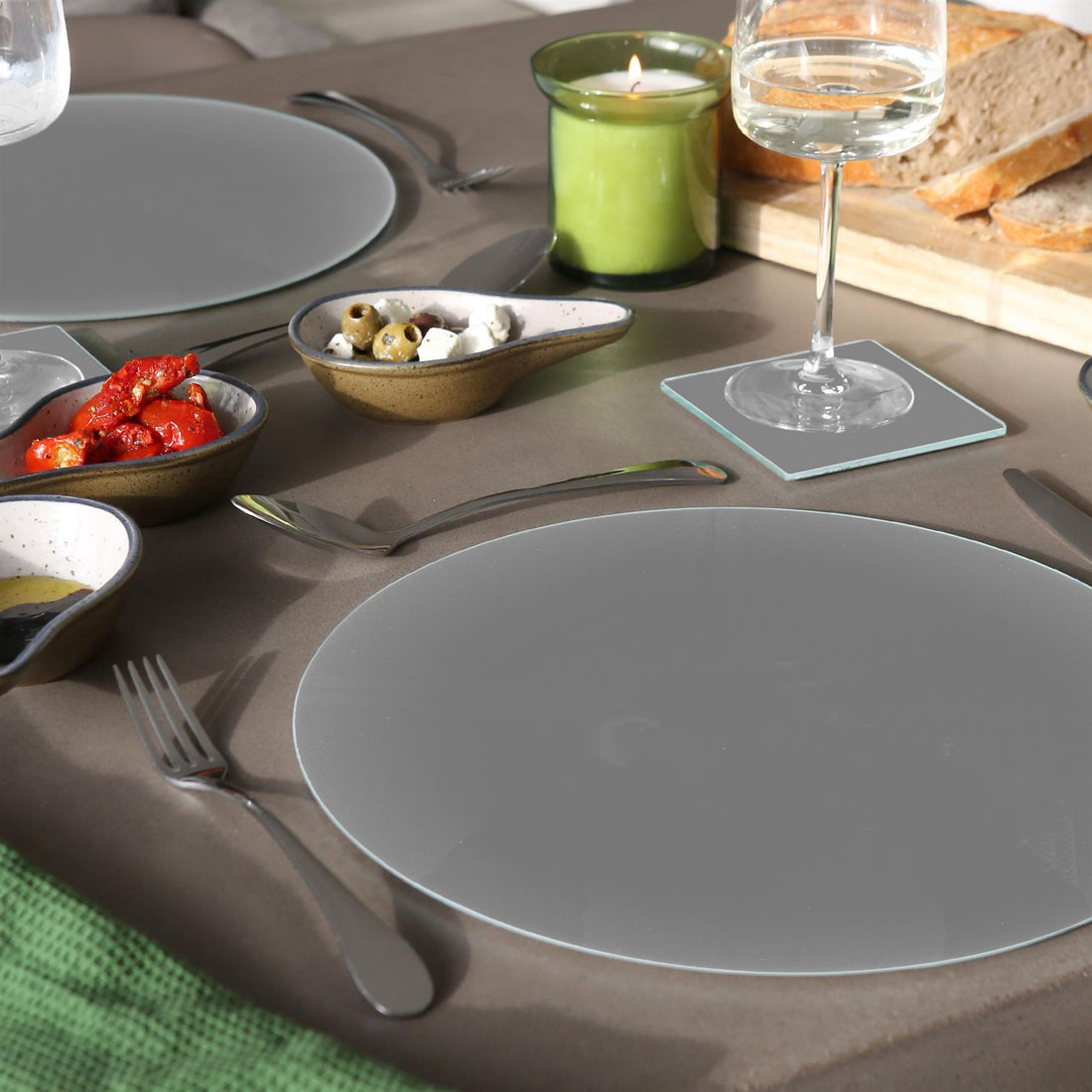 12pc Grey Round Glass Placemats &amp; Square Coasters Set