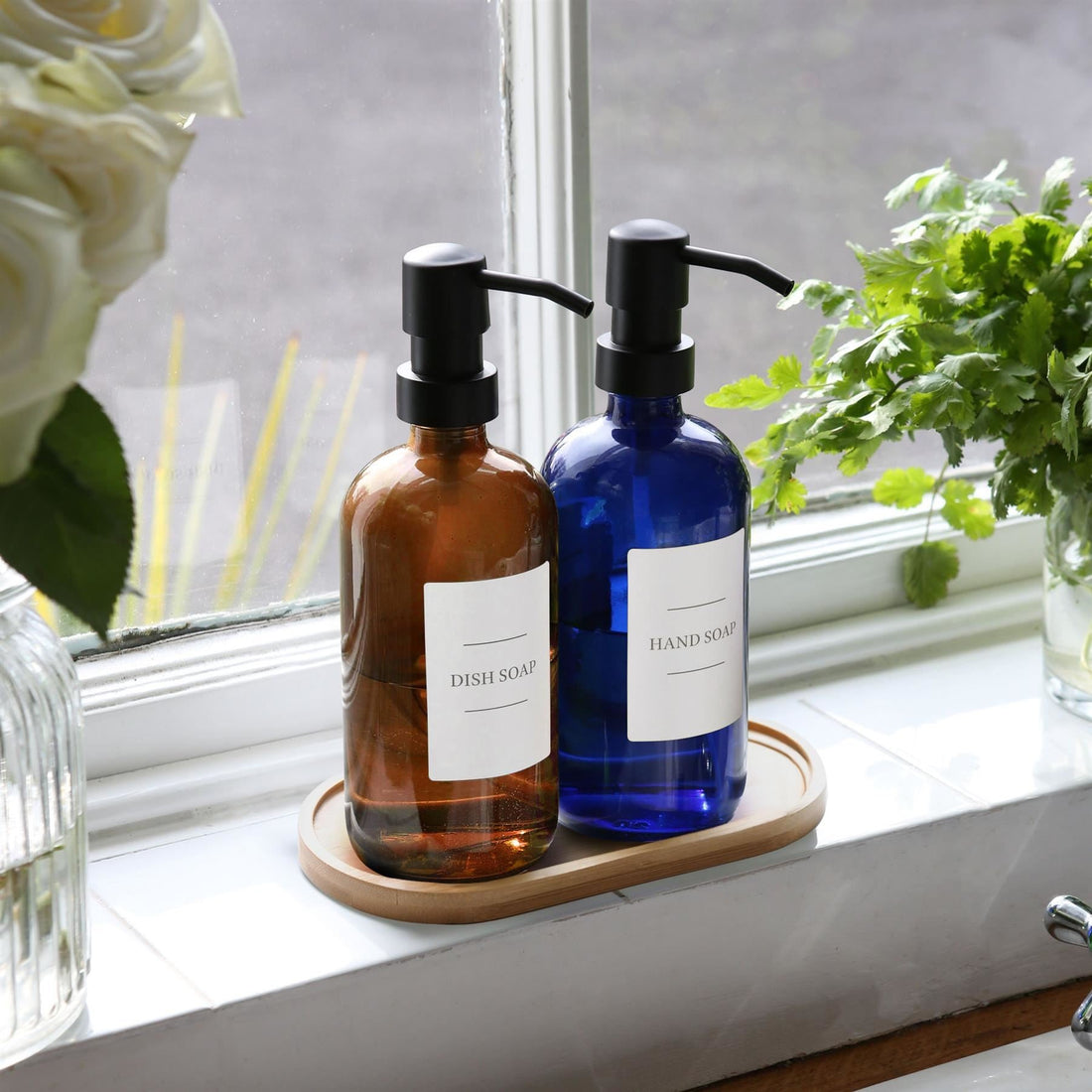 2pc 500ml Amber Glass Soap Dispenser with White Labels &amp; Bamboo Tray