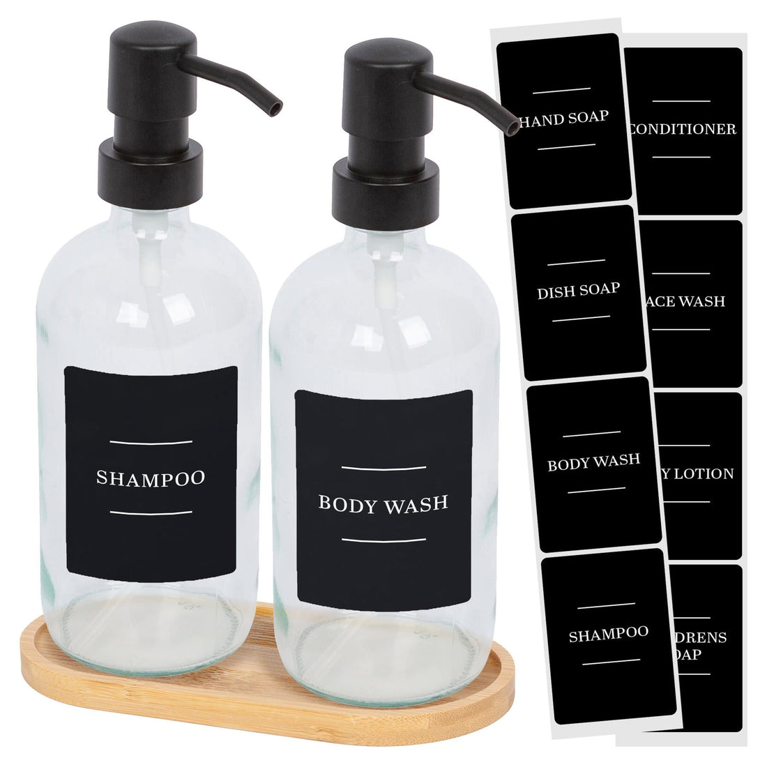 2pc 500ml Glass Soap Dispenser with Black Labels &amp; Bamboo Tray