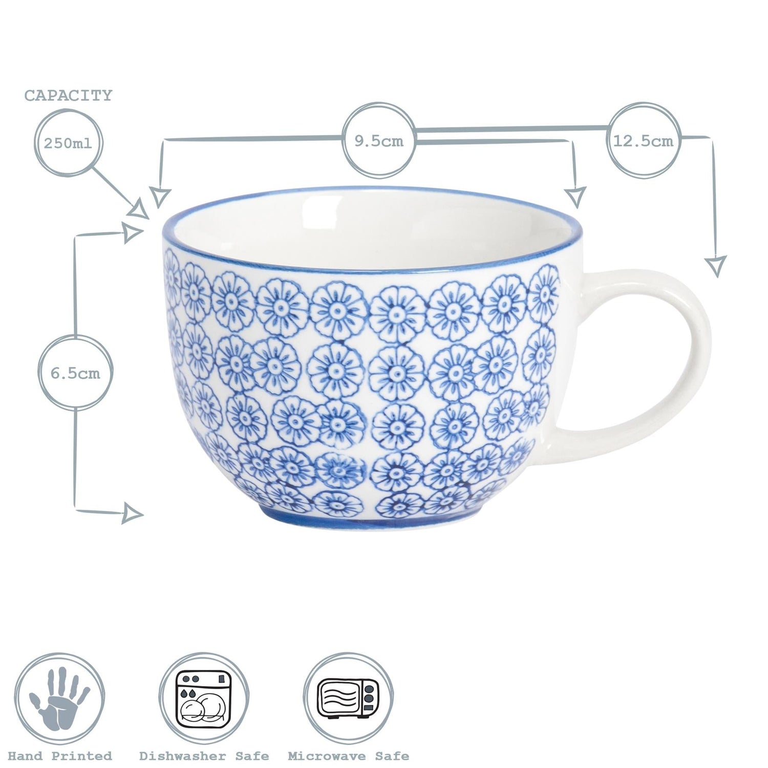 250ml Multicoloured Hand-Printed Stoneware Cappuccino Cups - Pack of Six