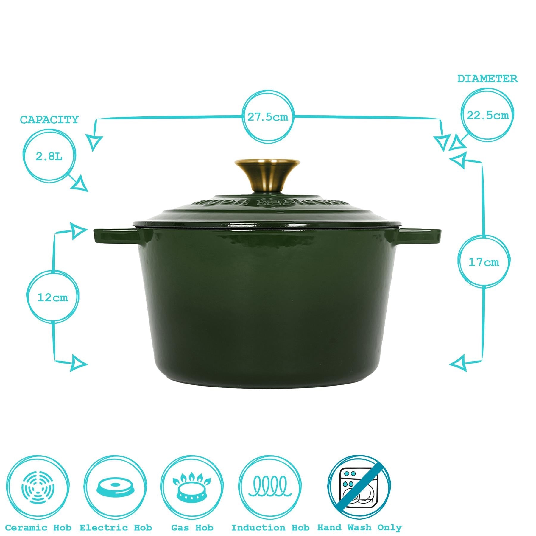 2.8L Dark Green Round Cast Iron Casserole Dish